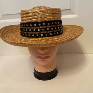 MIRIAM LEFCOURT HAT HANDCRAFTED ITALY STRAW GAMBLER BROWN WIDE BRIM BLACK RIBBON
